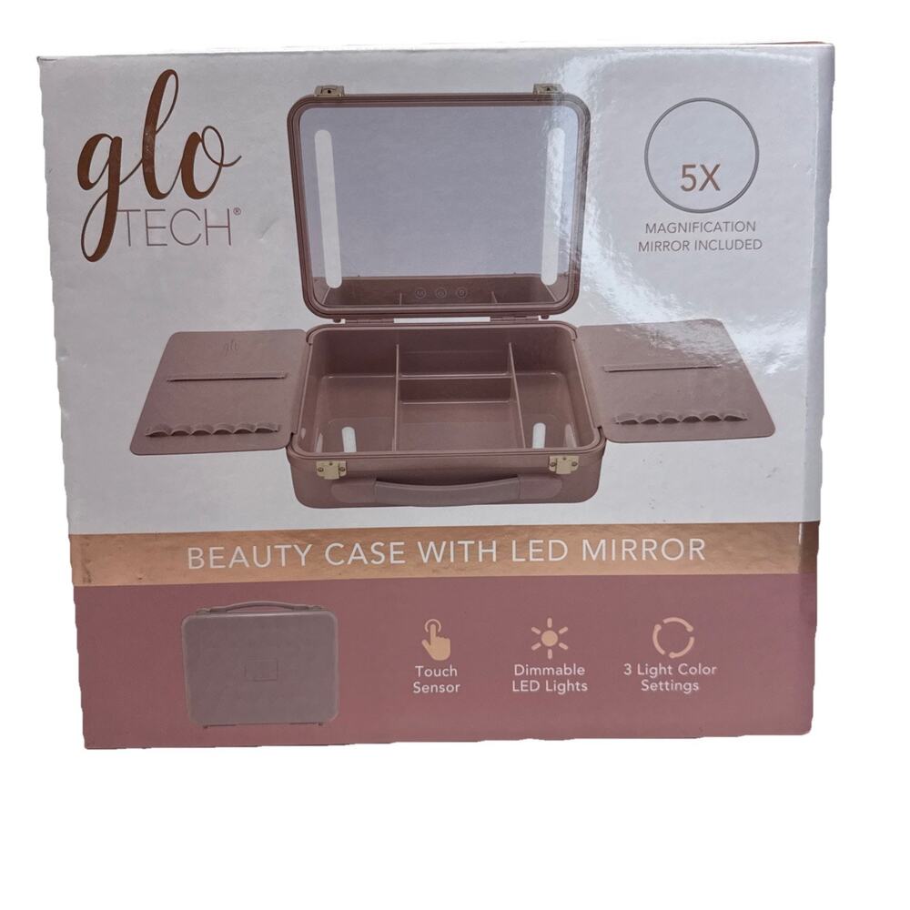 NEW Glo Tech Beauty Case With Led Magnification Mirror - Nude/Pink